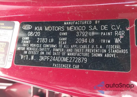 2021 Kia Forte Lxs из США, поврежденный, VIN 3KPF24AD0ME272879